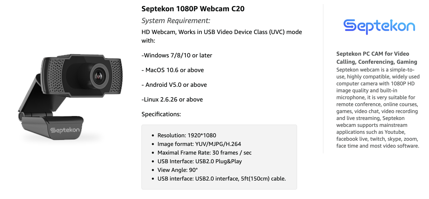 septekon 1080p webcam c20