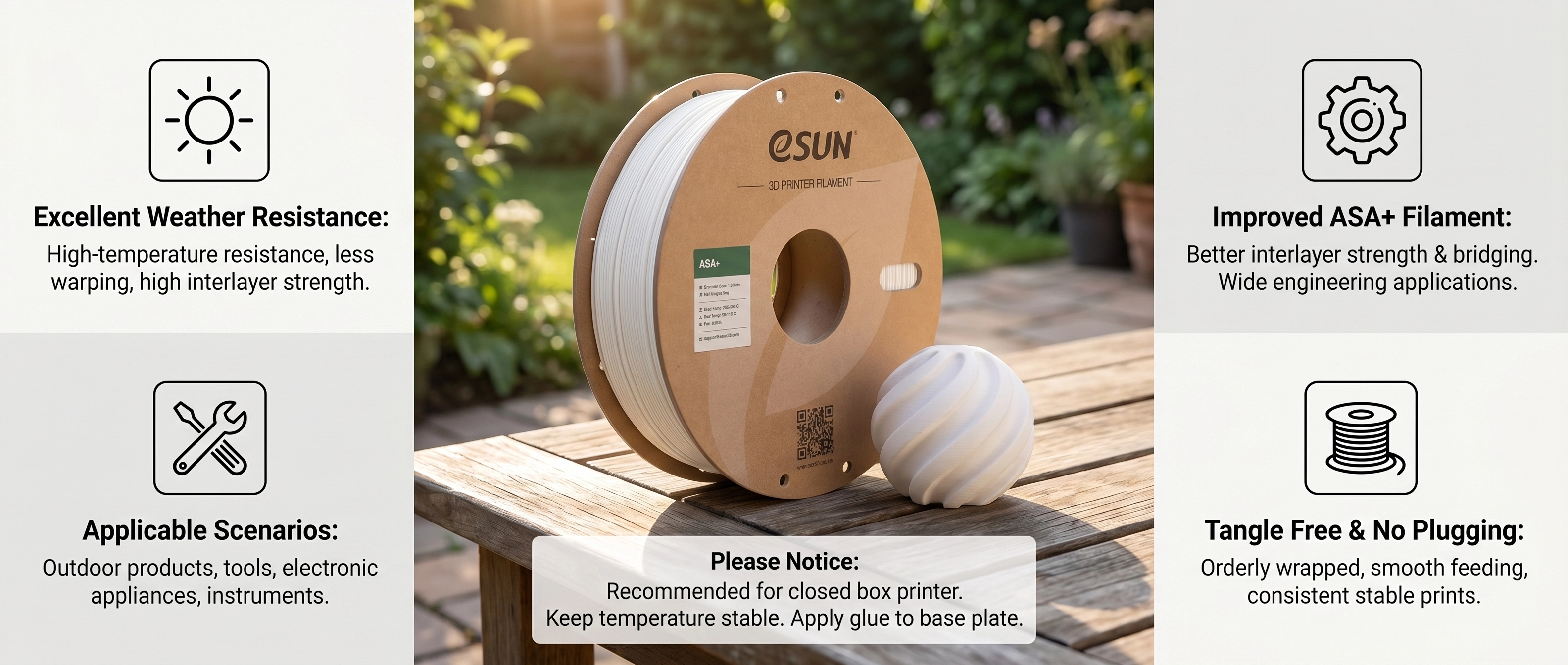 eSUN ASA+ 3D Printer Filament: High-performance, weather-resistant material with improved strength, low warping, and tangle-free wrapping. Reliable feeding guarantees stable prints, ideal for outdoor 