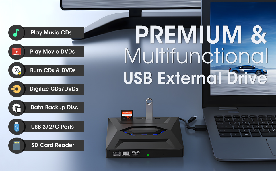 External CD DVD Drive, USB C Portable CD/DVD +/-RW Drive/DVD Player