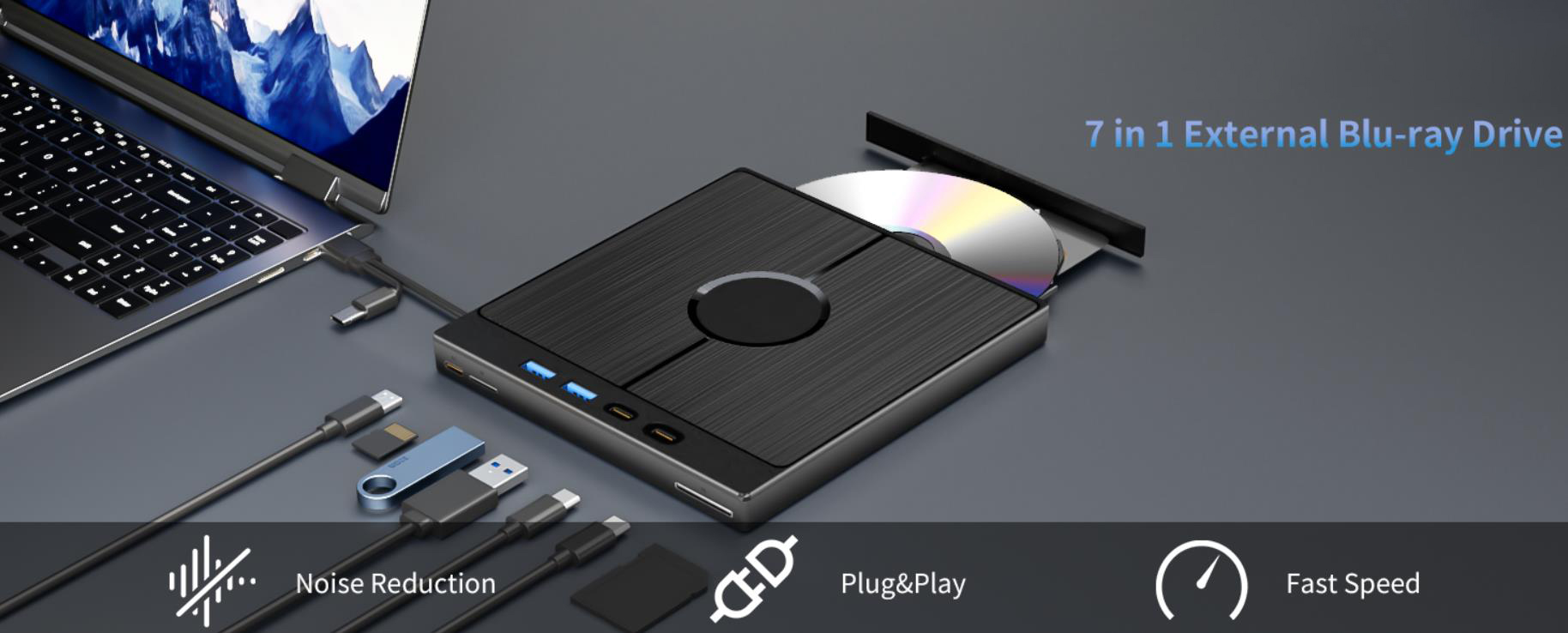 External Blu Ray Drive [7 in 1], Portable Blu-Ray/DVD Drive with USB 3.0/Type-C/SD/TF Card Ports