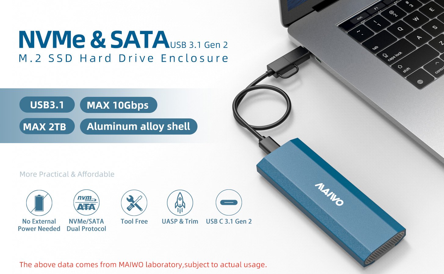 MAIWO M.2 SSD Enclosure Adapter,USB C USB3.1 to M.2 NVME/SATA,MAX  10Gbps,Support 4TB Storage Expansion,Support M or B+M Key,Aluminum  Alloy,Automatic