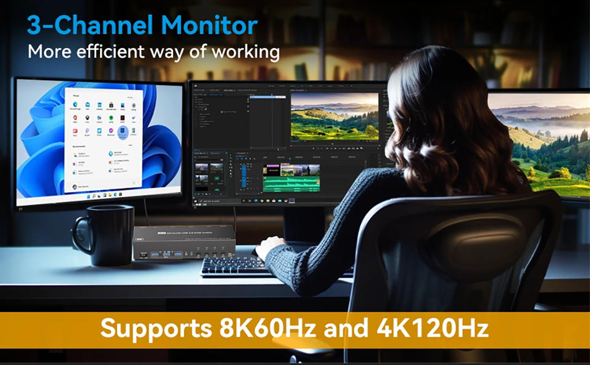 2 HDMI + Displayport triple monitor KVM switch, for 4 computers to share 3 monitors and 4 USB 3.0 de