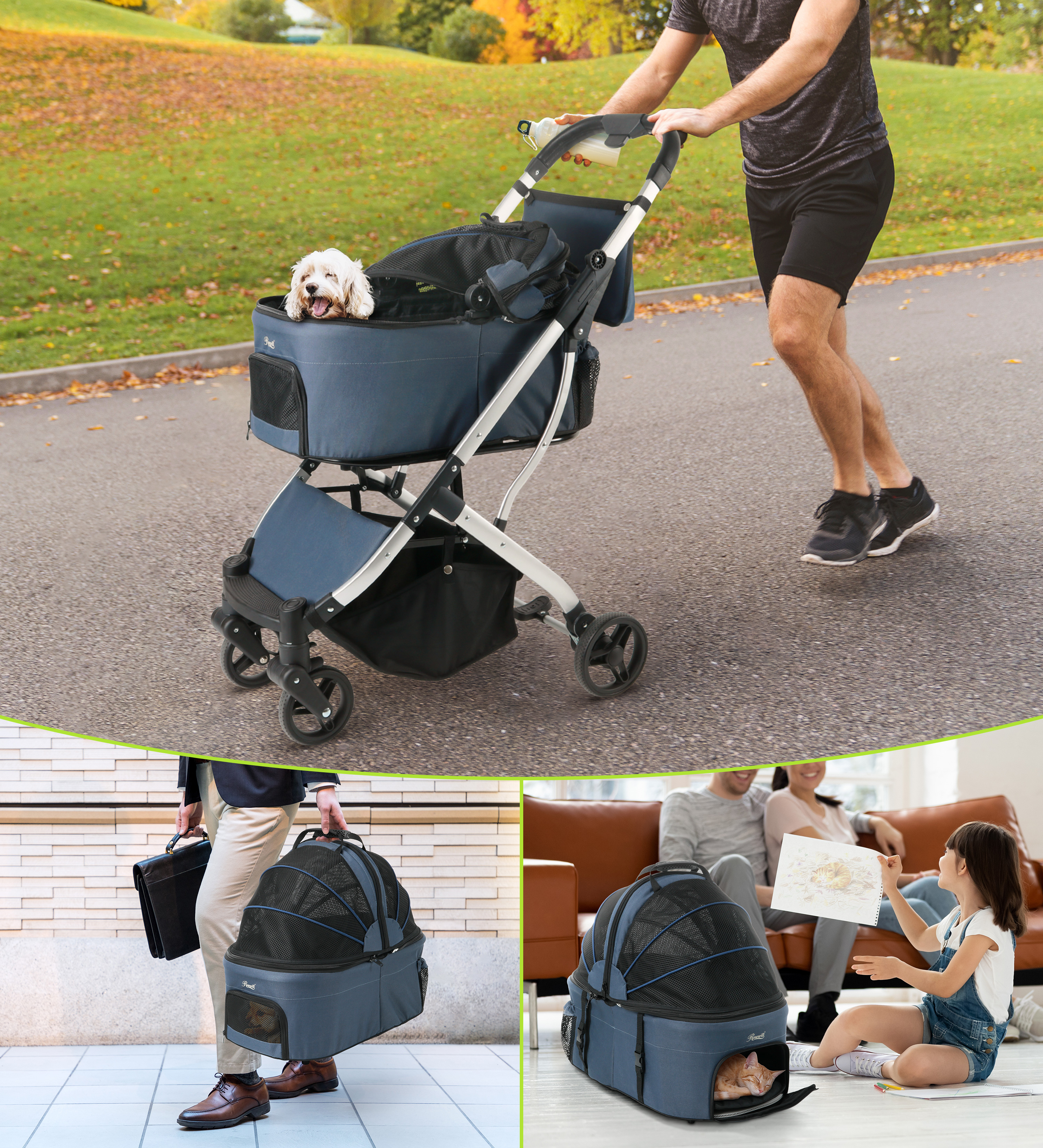 pet stroller, carrier, dog, cat, pets, storage, mesh, breathable, ventilation, fold, brake, travel