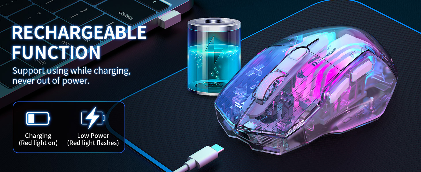 Hitoor Wireless Gaming Mouse, Tri-Mode 2.4G/USB-C/Bluetooth Mouse, Rechargeable Computer Gaming Mice
