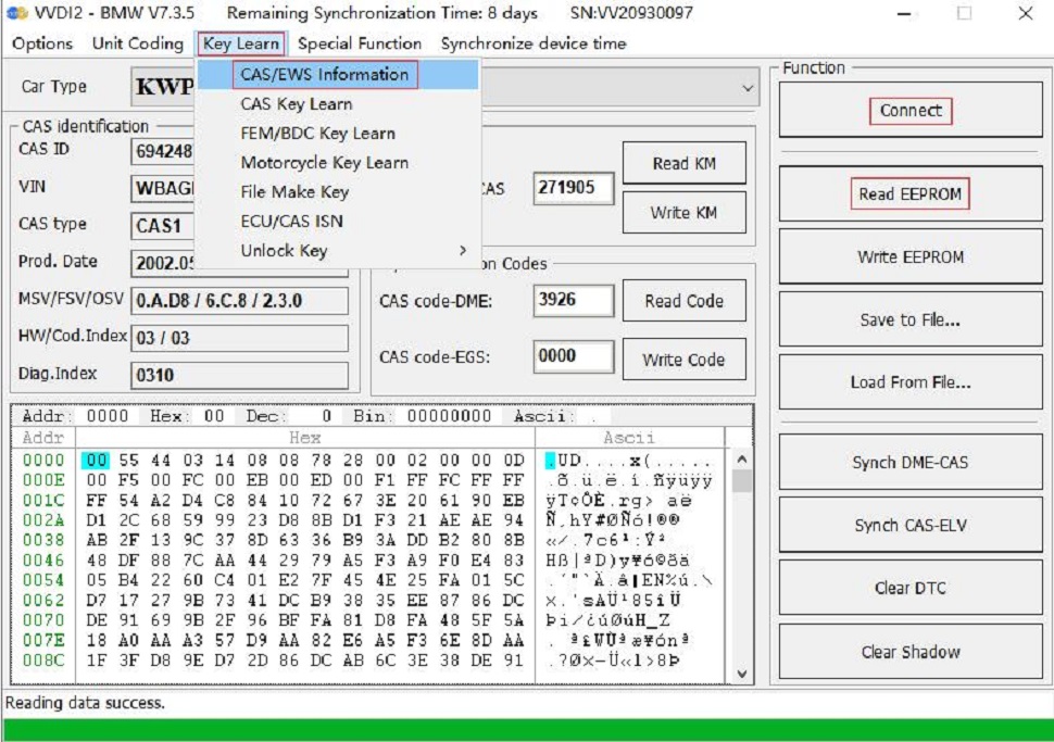 Select  key learn CAS/EWS Information---Connect-- Read EEPROM.