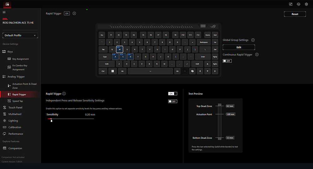 Gear Link user interface - adjusting ROG Falchion Ace 75 HE Rapid trigger sensitivity