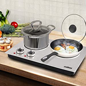 Cusimax 900w+900w Double Hot Plates, Cast Iron Hot Plates, Electric Cooktop, Hot Plates for Cooking Portable Electric Double Burner, Stainless Steel