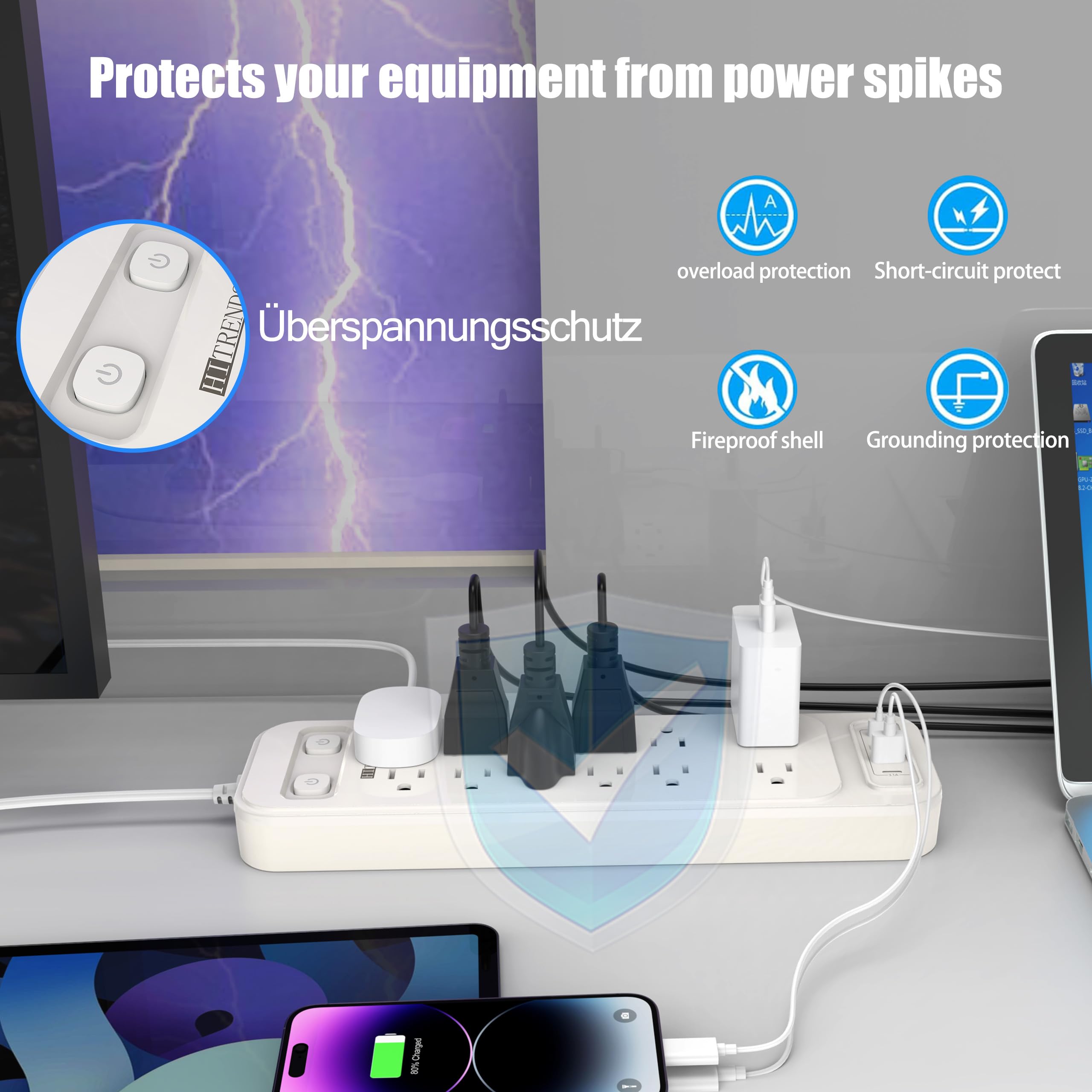 Wall-mounted power strip Two T-shaped holes on the back of the USB power strip allow the strip to ha