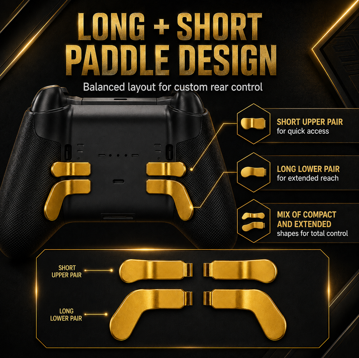 long short controller paddles, gold elite paddles, rear paddle layout