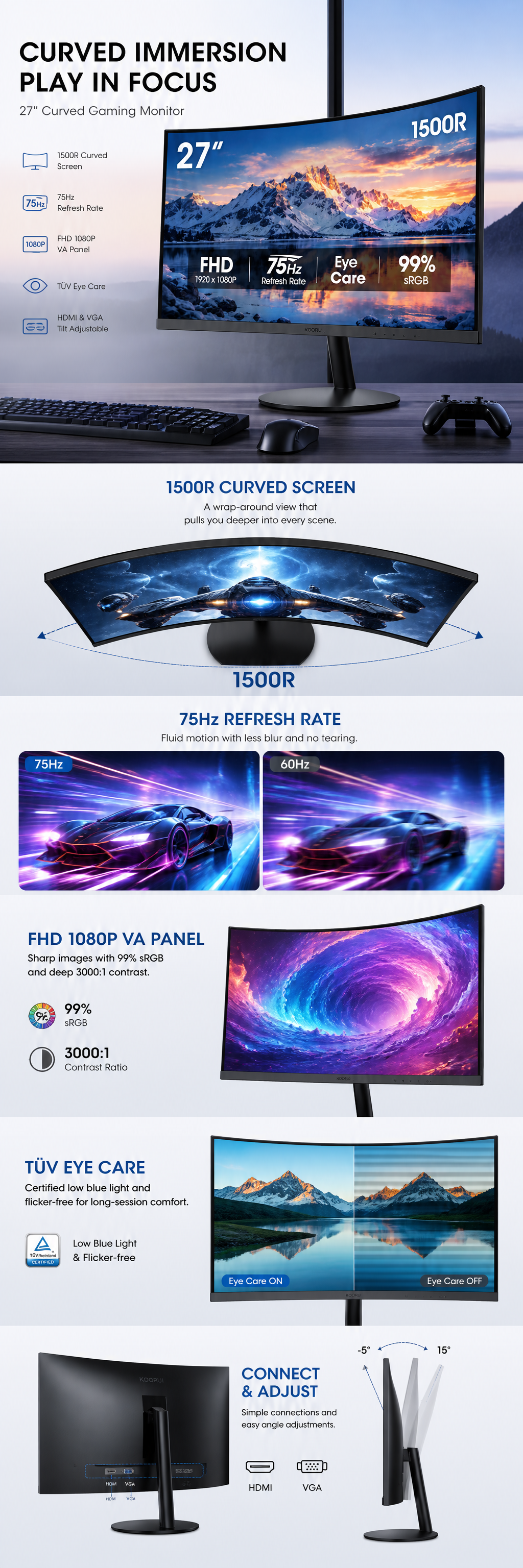 27 Inch Curved Monitor FHD 1080p VA 75Hz, 1500R, 99% sRGB, TÜV Eye Care, HDMI & VGA, Tilt Adjustable
