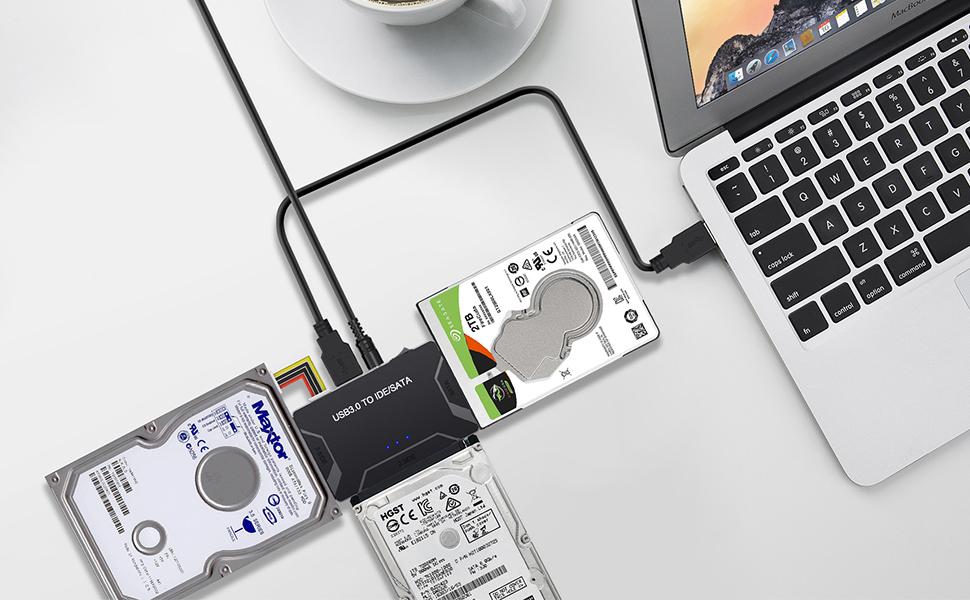 Connects a SATA or IDE hard drive to your laptop or computers USB port for extra storage