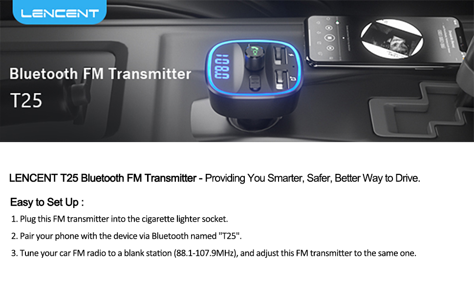 2021 Version) LENCENT FM Transmitter, Bluetooth FM Transmitter Wireless  Radio Adapter Car Kit with Dual USB Charging Car Charger MP3 Player Support  TF Card & USB Disk 