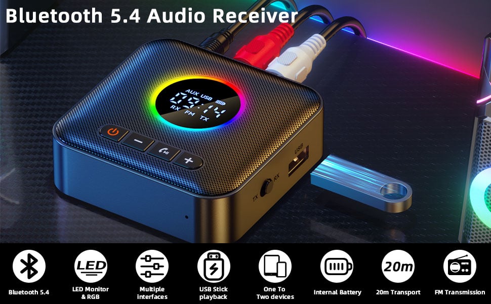 SMA Bluetooth Receiver for Hi-Fi, Bluetooth 5.4 Audio Transmitter with 3.5mm jack and 2 RCA ports