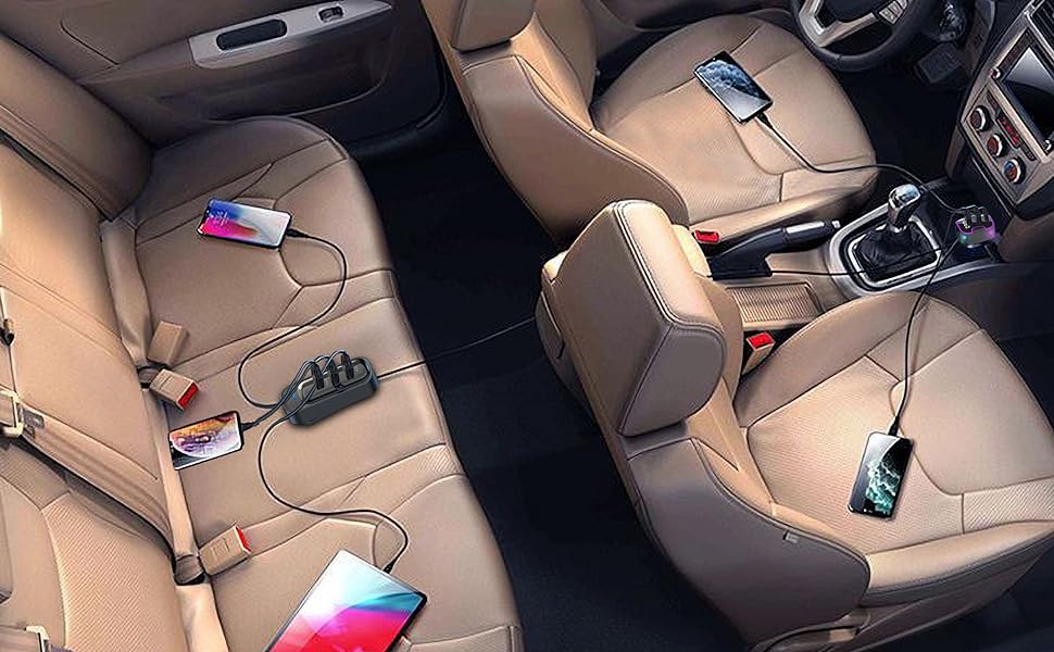 Charging for both front and rear seat. Support 5 devices simultaneously charging. 1.5M extended wire