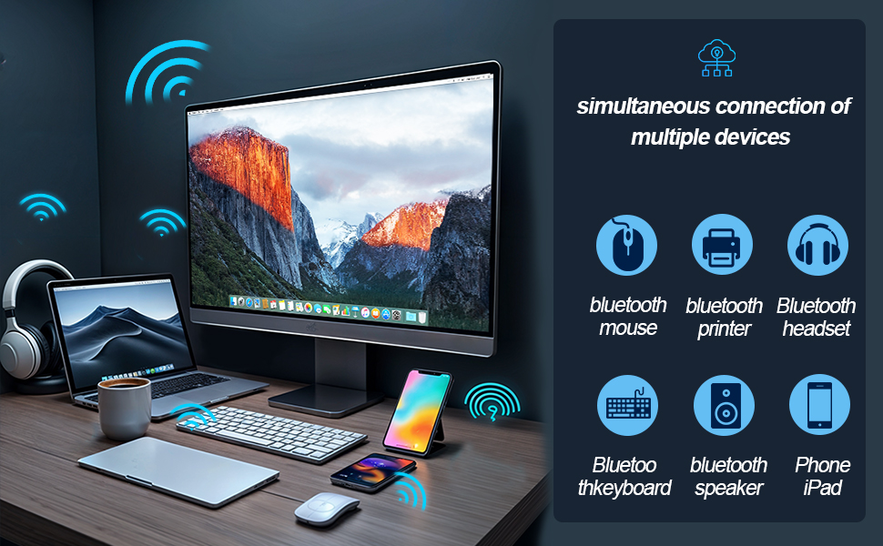 Bluetooth 5.4 version 1. Support low latency, BLE/EDR dual mode  2. Support 7 devices to connect at