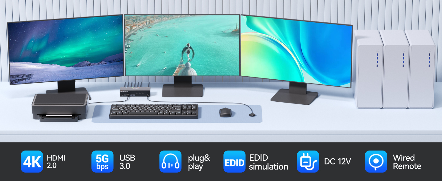 KVM Switch 3 Monitors 3 Computers Displayport HDMI 4K@60Hz EDID Emulation Triple Monitor KVM Switch