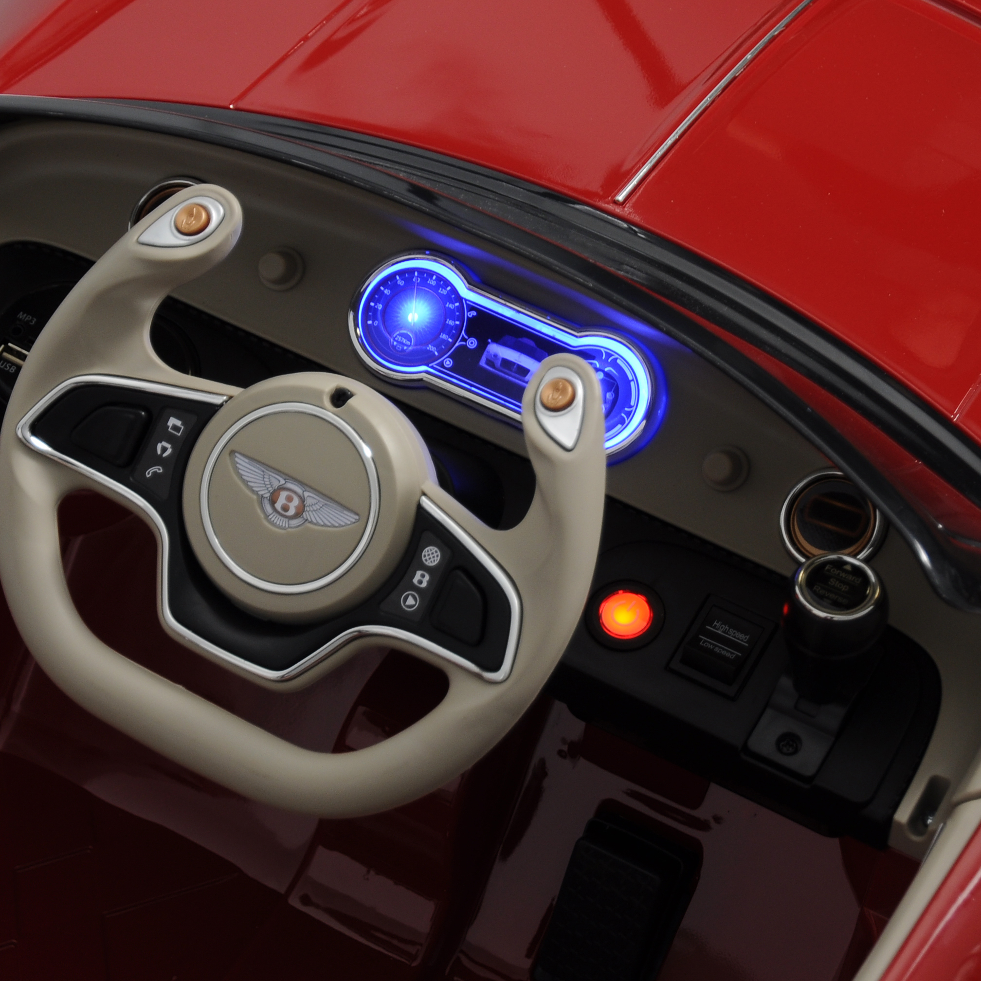 start button, forward and backward switch, light switch, bentley kids car.