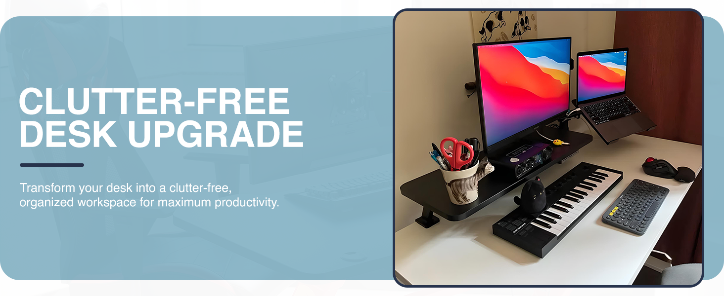 monitor riser, desk shelf, monitor stand, clamp-on shelf, ergonomic riser, space-saving shelf