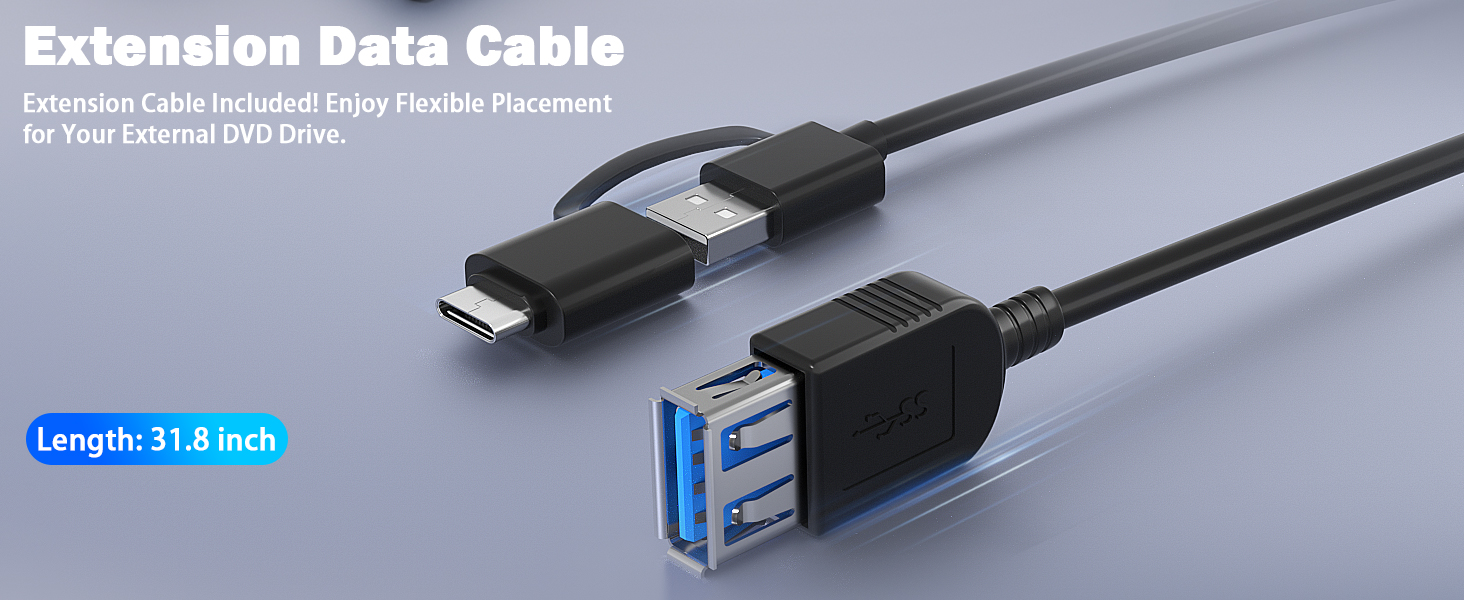 External Blu Ray Drive, USB 3.0 and Type-C Blu Ray Drive with Extension Data Cable, Portable Blu Ray