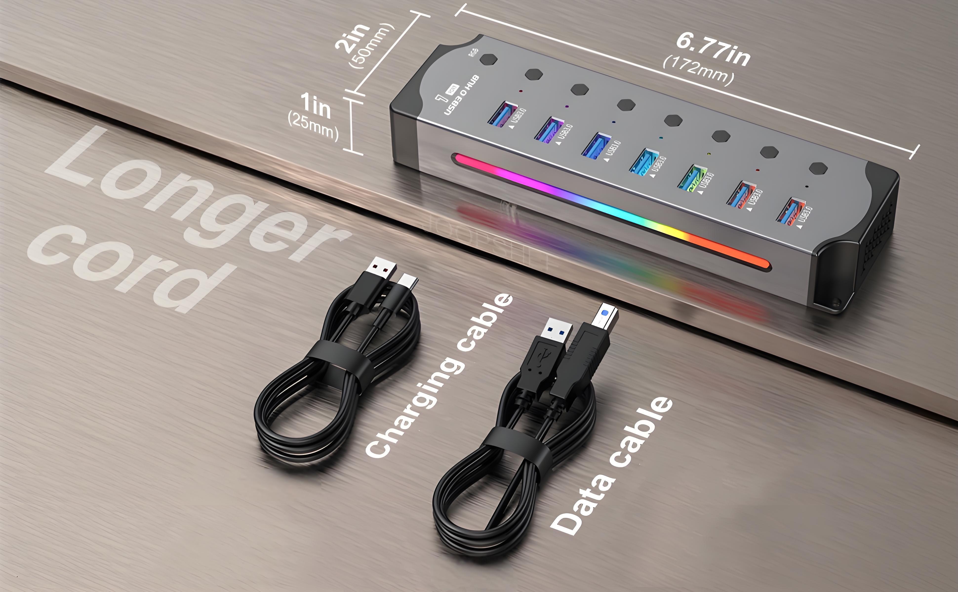 7-port USB 3.0 hub with 14 color RGB LED strip, independent switch, aluminum 0.6m cable gaming Hub