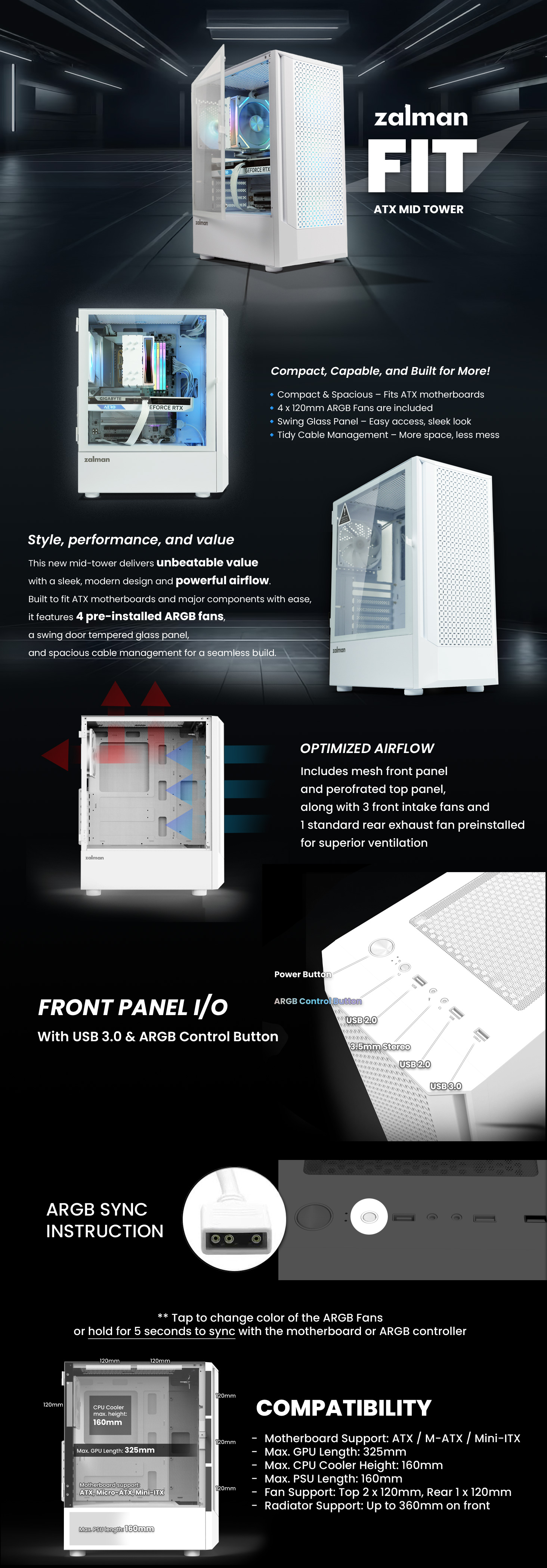 zalman fit atx mid tower argb pc case