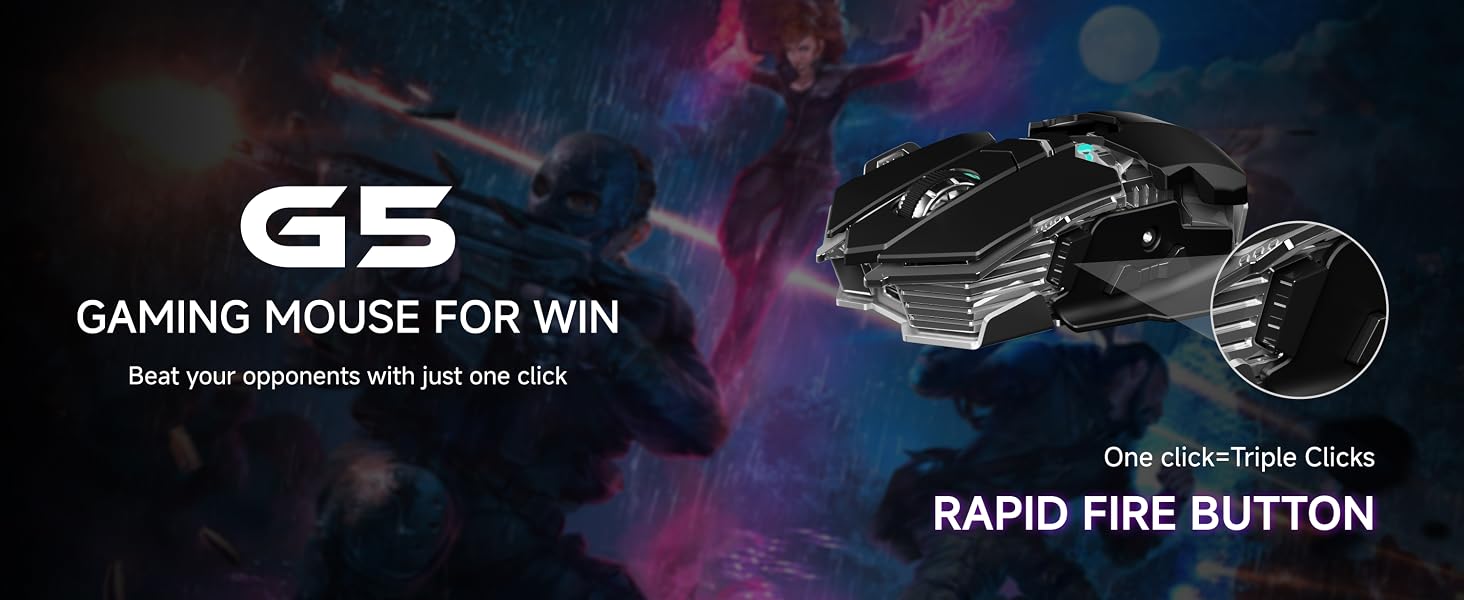 G5 Tri-Mode Wireless Gaming Mouse, 12800 DPI Programmable Ergonomic Mouse with Metal Base for Stabil