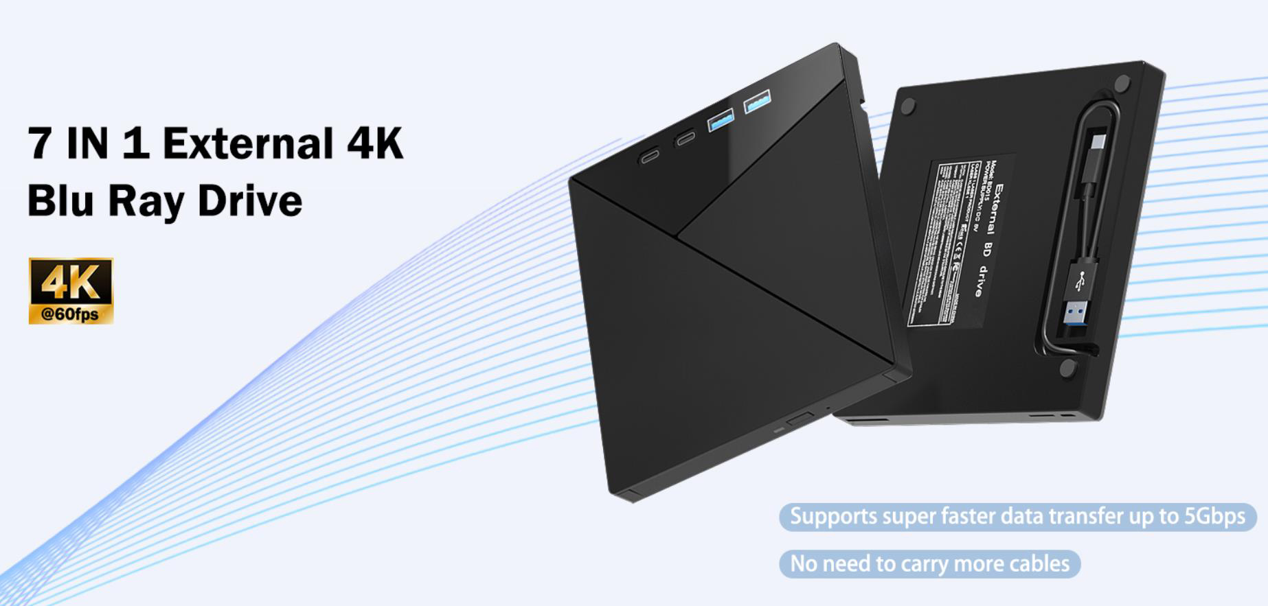 7 in 1 External Blu Ray Drive, 4K Blu Ray Burner, USB 3.0 Type-C Portable Blu Ray Drive