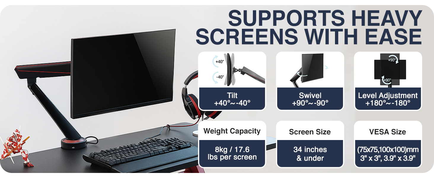 single monitor arm, LED monitor arm, RGB monitor arm, gaming monitor arm, VESA mount, ergonomic