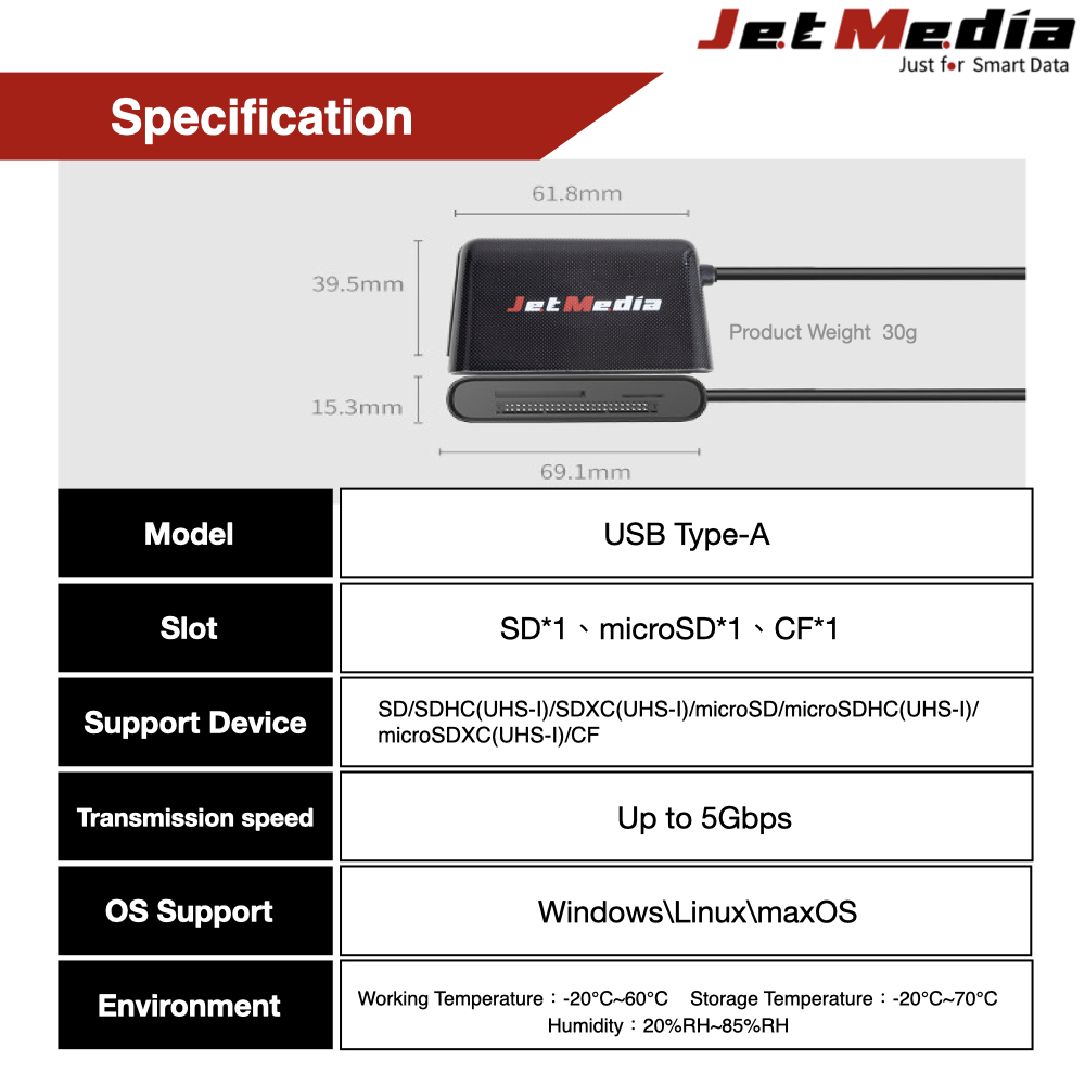 Jetmedia CR301 SD microSD CF card reader