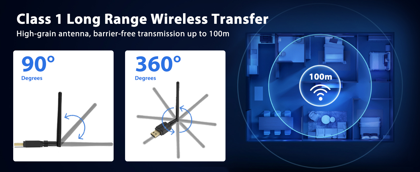 328FT / 100M Long Range USB Bluetooth 5.3 Adapter for Desktop PC