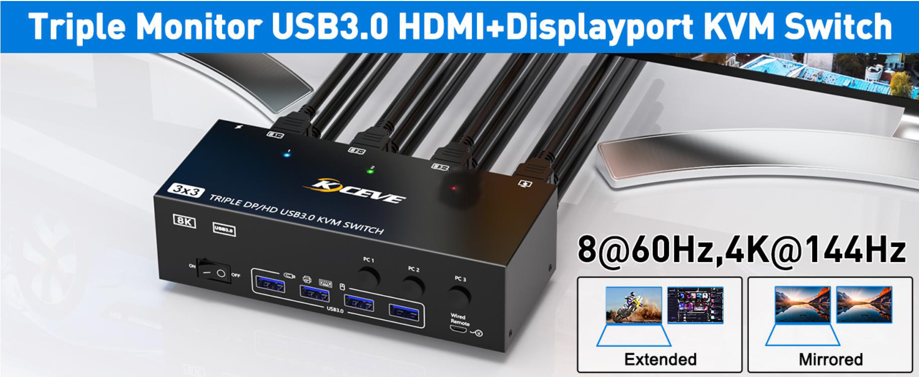 3 Monitor USB 3.0 HDMI+2 Displayport KVM Switch