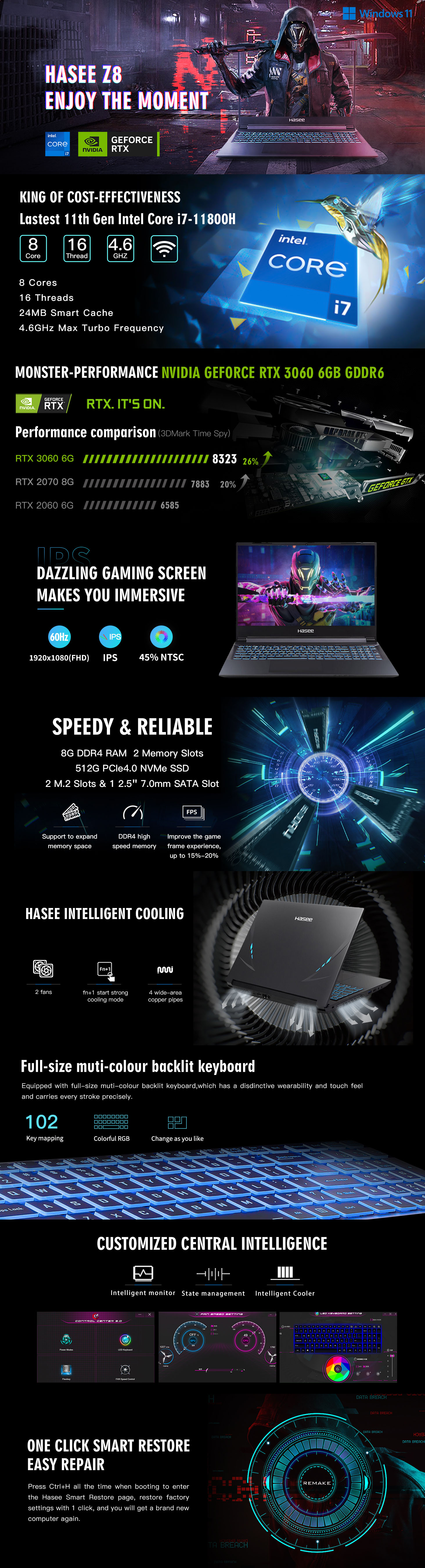 Hasee Z8 (15.6'', i7-11800H, RTX3060), Gaming Laptop, i7-11800H 4.6GHz ...