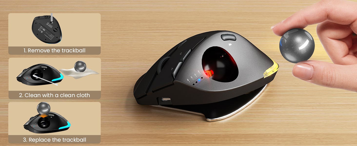 Wireless Trackball Mouse, Ergonomic Bluetooth Rechargeable Computer Mouse, Backlit Rollerball Thumb