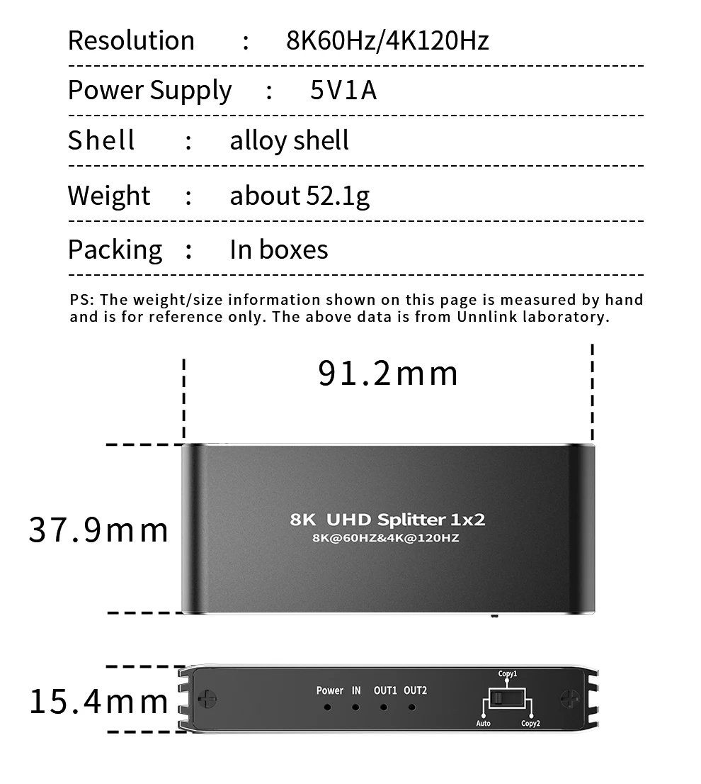 8K HDMI splitter 1 in 2 out