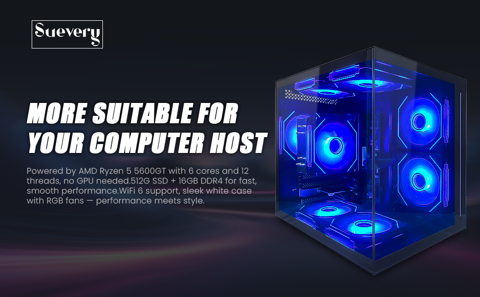Suevery Gaming PC - AMD Ryzen 5 5600GT, 16GB DDR4 RAM, 512GB NVMe SSD, Wi-Fi 6, 650W, RGB Fans, Bla