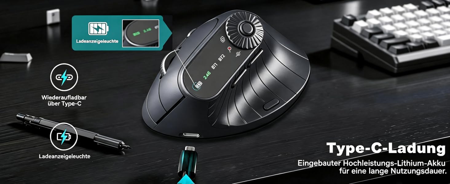 Wireless 2.4G & Dual Bluetooth Three Channel Ergonomic Vertical Mouse - Adjustable DPI Multifunction