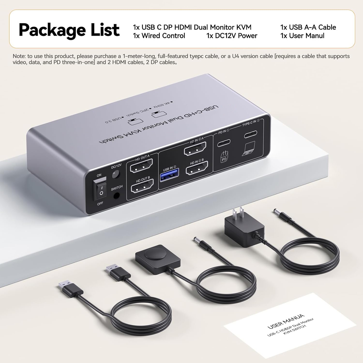 USB C in HDMI KVM Switch 2 Monitors 2 Computers, Desktop + Laptop Dual Monitor HDMI KVM Switch
