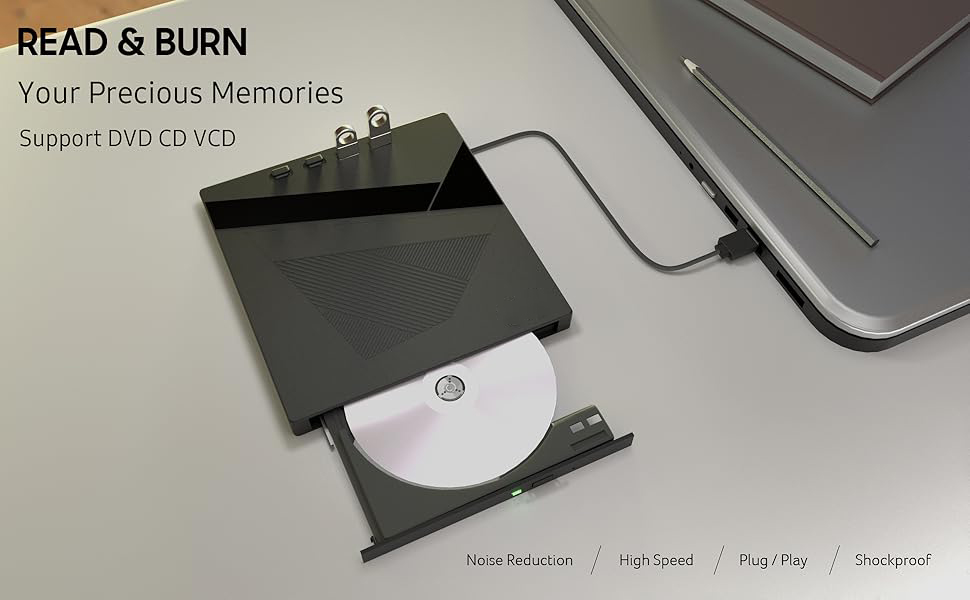 7 in 1 External DVD CD Drive USB 3.0 & Type-C Portable CD/DVD +/-RW Disk Drive, CD/DVD Burner