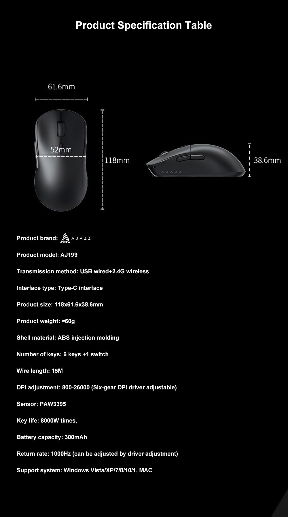 Ajazz AJ199 60G Ultra Lightweight Wireless Gaming Mouse, Programmable 6  Buttons, 26000DPI Optical Sensor Pixart 3395