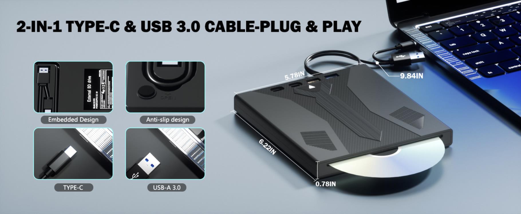 [7 in 1] External Blu Ray Drive, Support 100G Disc USB 3.0 and Type-C Blu Ray Burner