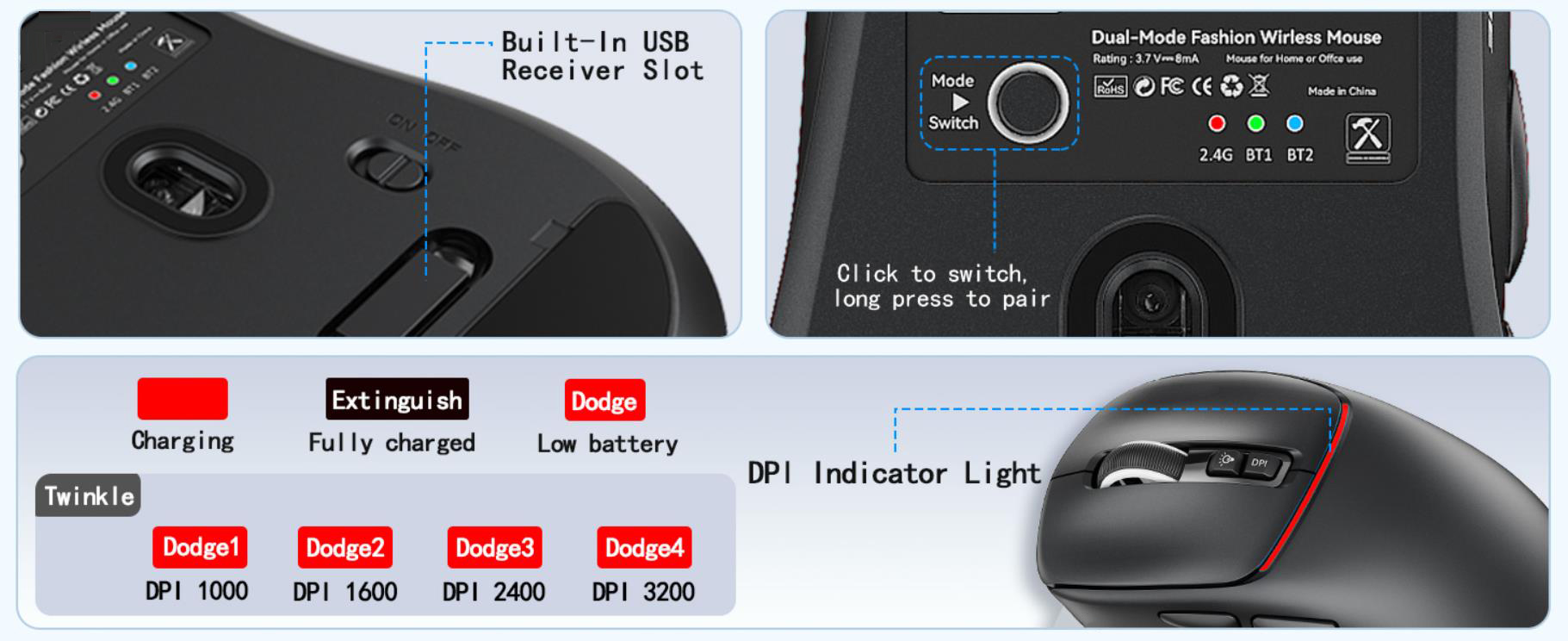 Bluetooth Wireless Mouse Dual Bluetooth & 2.4GHz USB Receiver, 4 DPI Levels