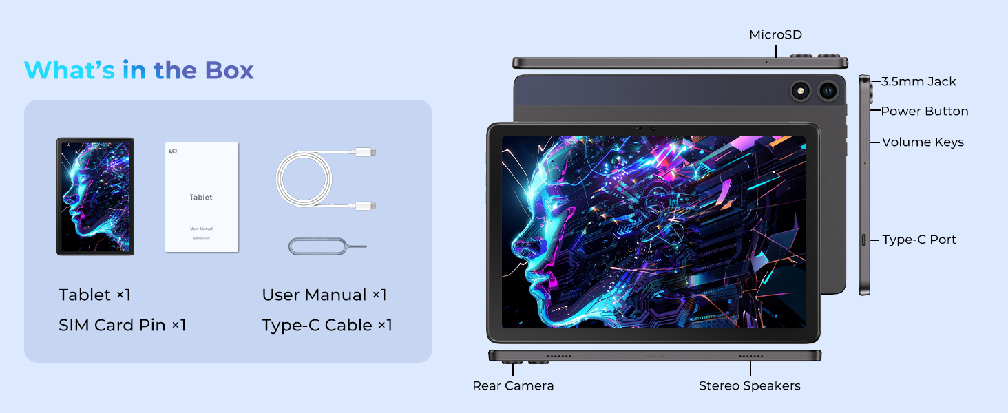 What's in the Box ,Tablet x1 ,SIM Card Pin x1, User Manual x1,Type-C Cable x1