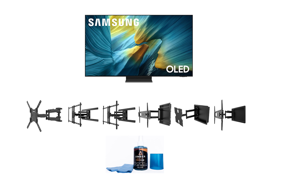 Samsung S95FA Series TV with Kanto TV Wall Mount and Amber Screen Cleaner