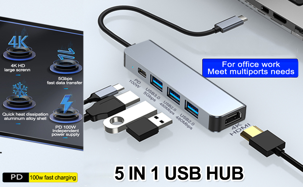 5 in 1 USB C Multiport Adapter 4K HDMI