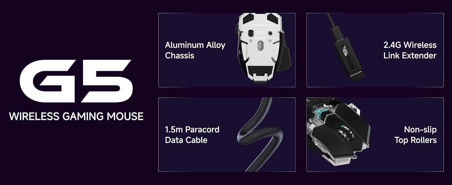 G5 Tri-Mode Wireless Gaming Mouse, 12800 DPI Programmable Ergonomic Mouse with Metal Base for Stabil