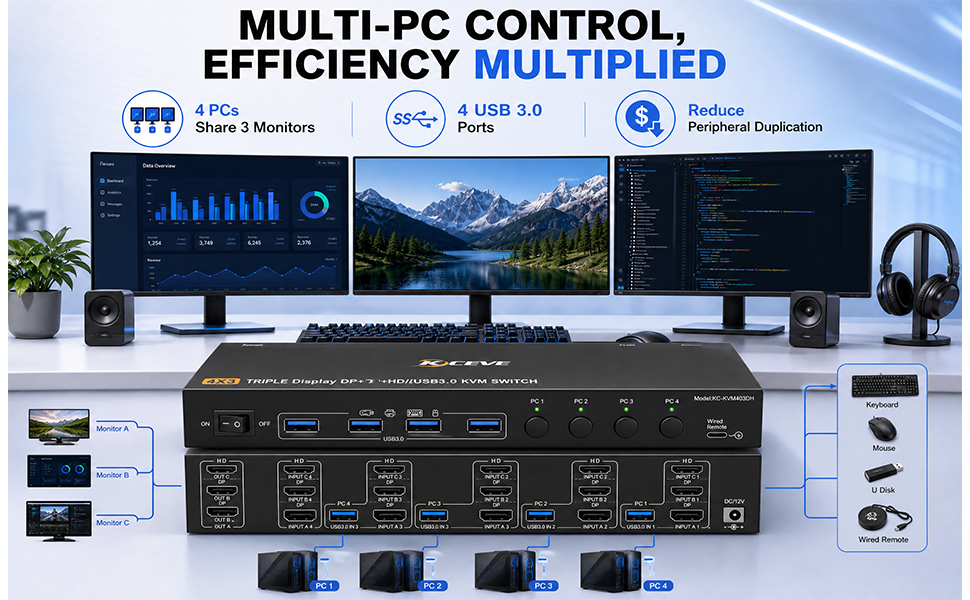 KVM Switch 3 Monitors 4 Computers 8K@60Hz 4K@144Hz | Triple Monitor 1 HD-MI + 2 DisplayPort KVM Swit