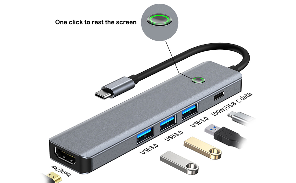 Hitoor 5 in 1 USB C Hub, One Click Screen Projection/Rest MF Mac USB C Adapter, Great for Kids with