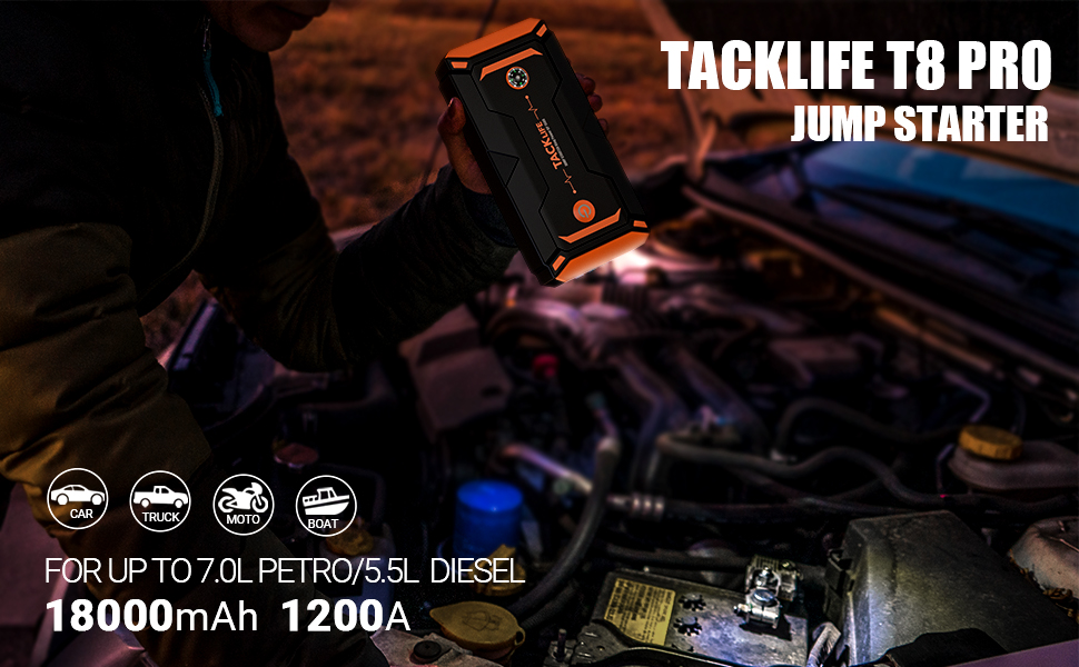 TACKLIFE 800A Peak 18000mAh Car Jump Starter (up to 7.0L Gas, 5.5L Diesel  Engine), 12V Auto Battery Booster | T8 Yellow