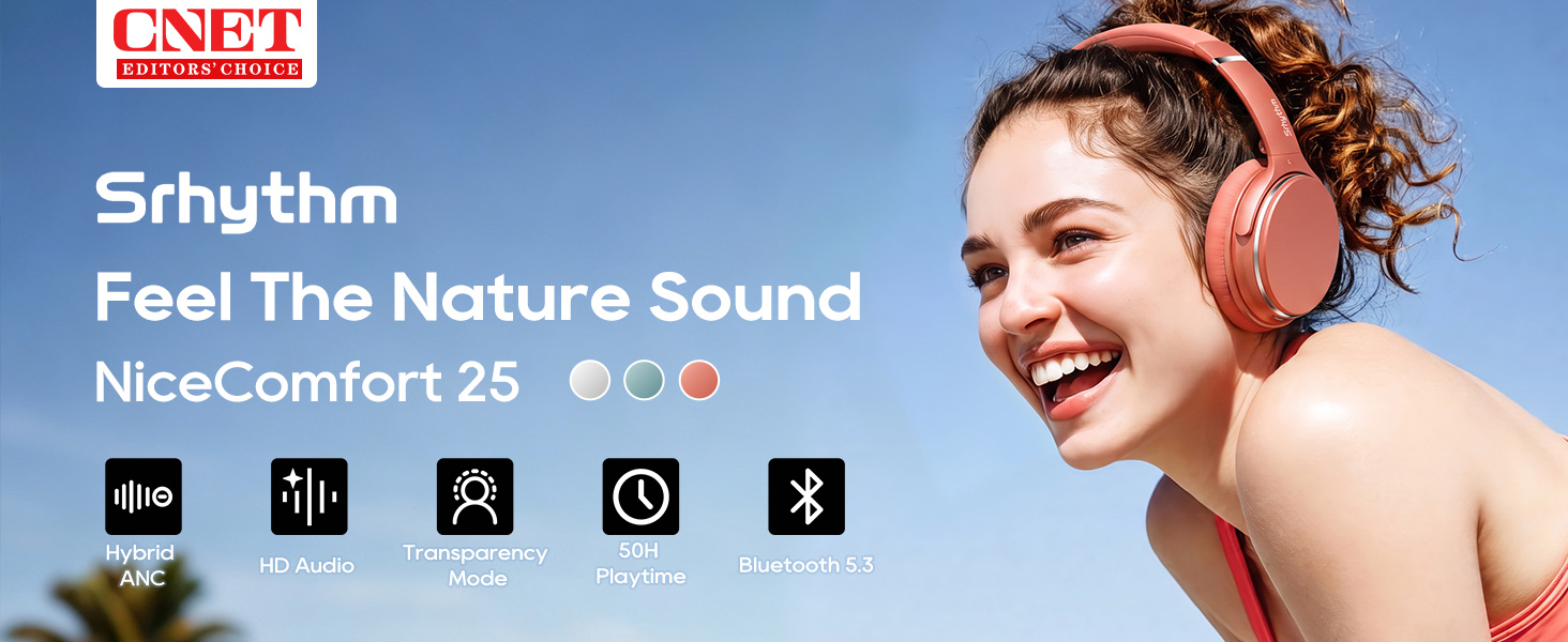 Srhythm NC25 Hybrid Noise Cancelling Headphones Over Ear