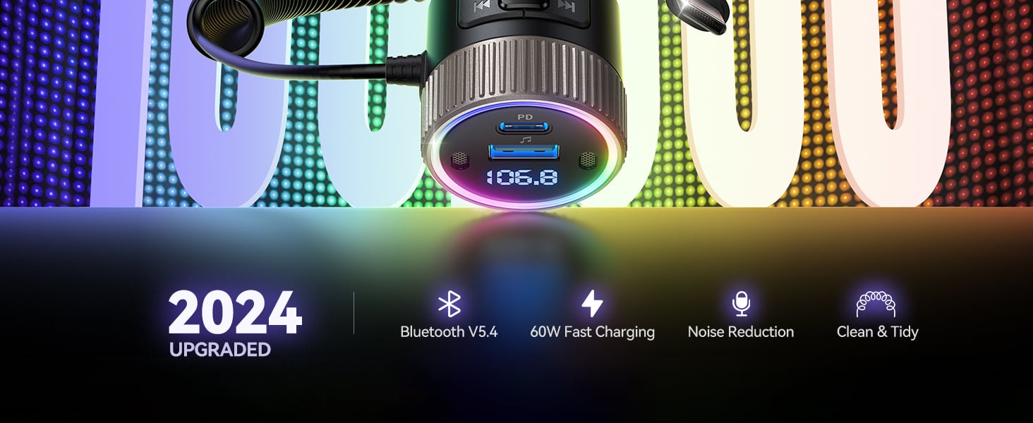 Hitoor Bluetooth 5.4 FM Transmitter Car Adapter 60W [PD 30W & Type C Coiled Cable 30W] Wireless Radi